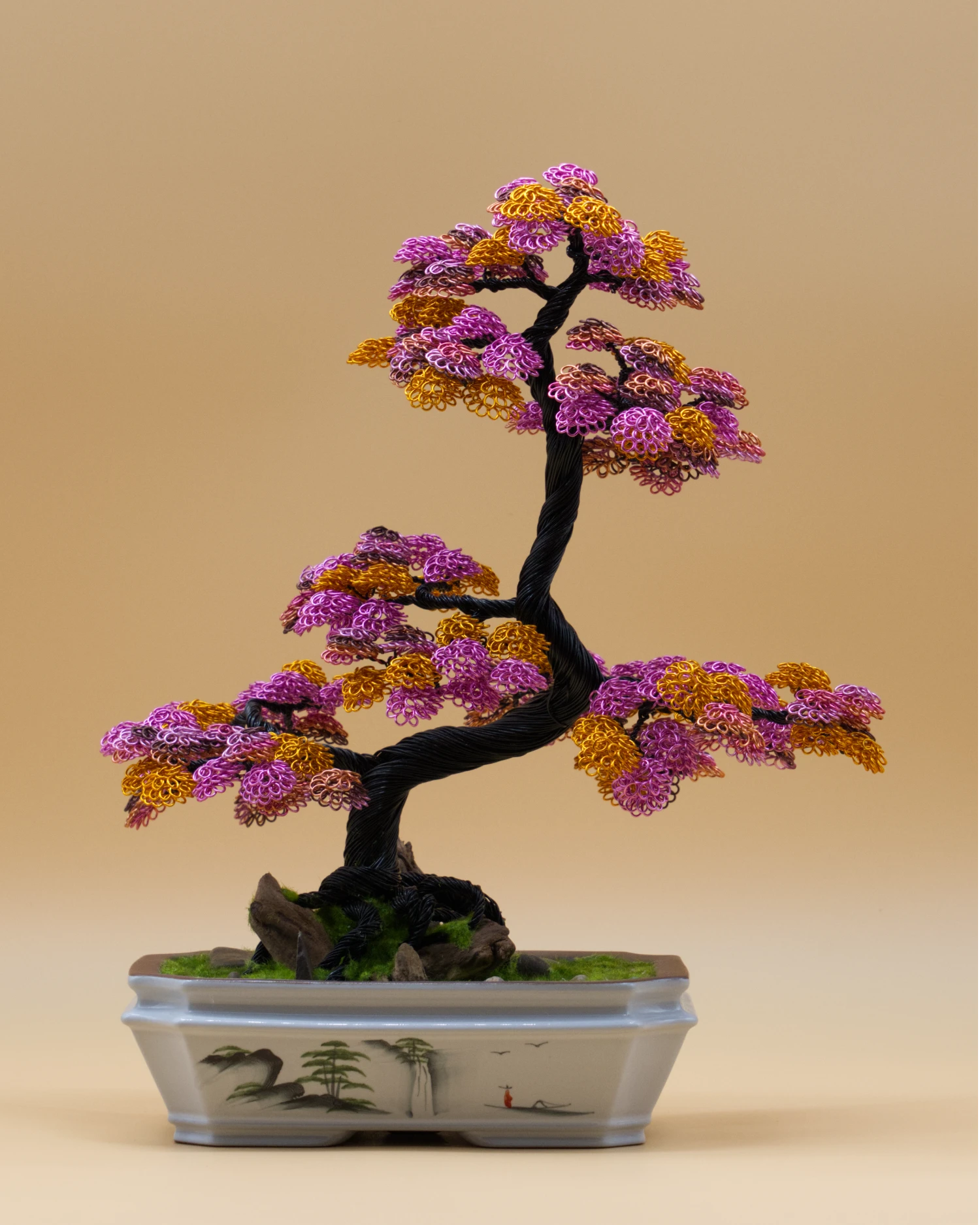 Bonsaï artificiel en fil de fer « Parure d'Orient » – rose, or et saumon, pot peint