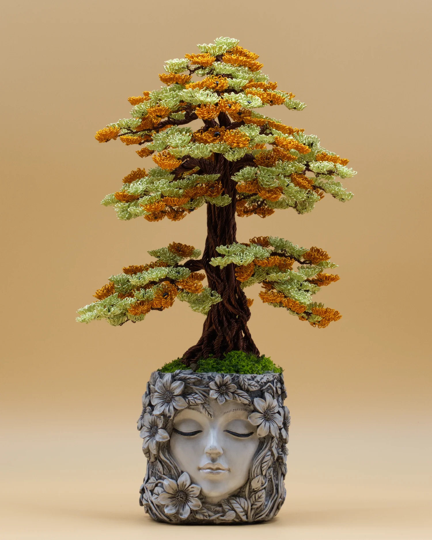 Bonsaï artificiel en fil de fer « Songe d'Automne » – vert anis et orange, pot visage fleuri